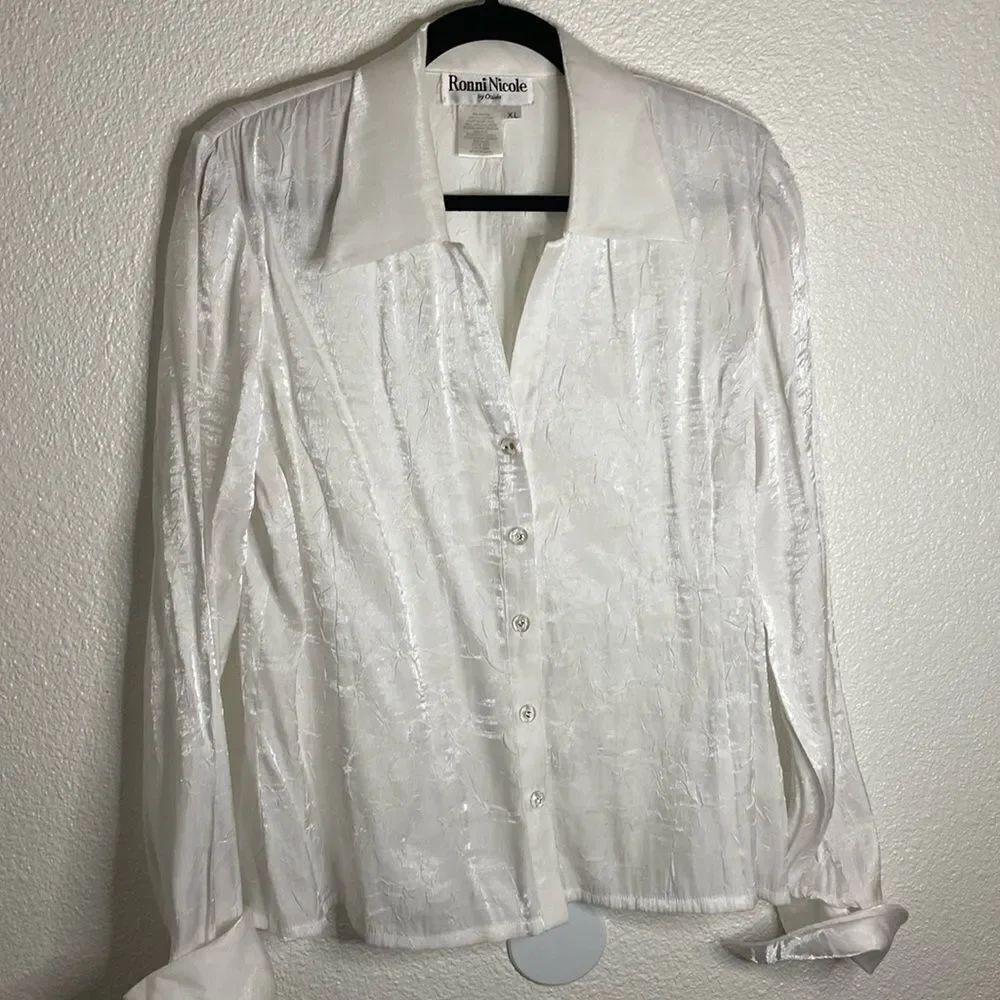 Ronnie Nicole- White shimmer button up gem blouse- Size XL